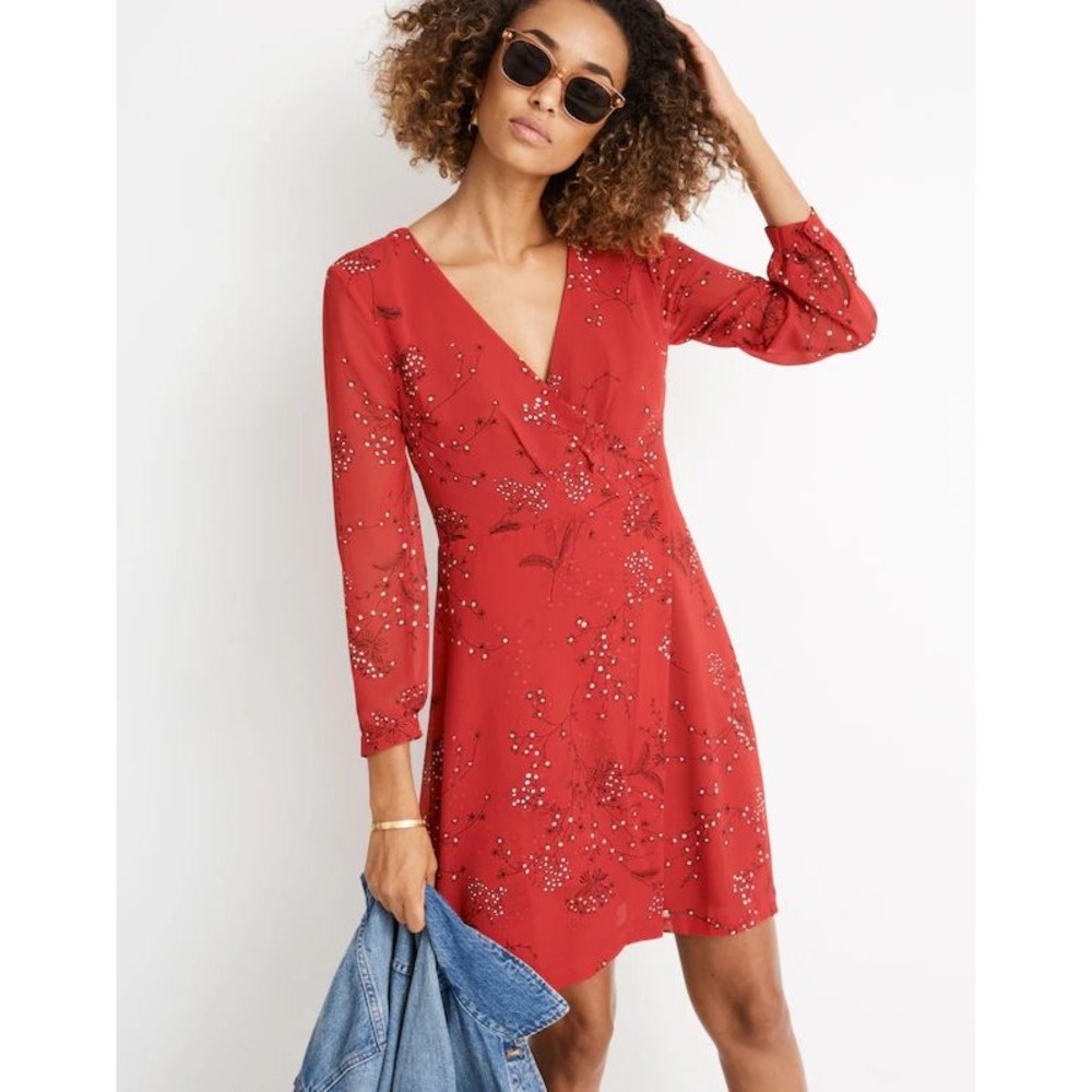 Madewell Hazelwood Wrap Front Dress Red Floral Long Sleeve V-Neck Romantic 16